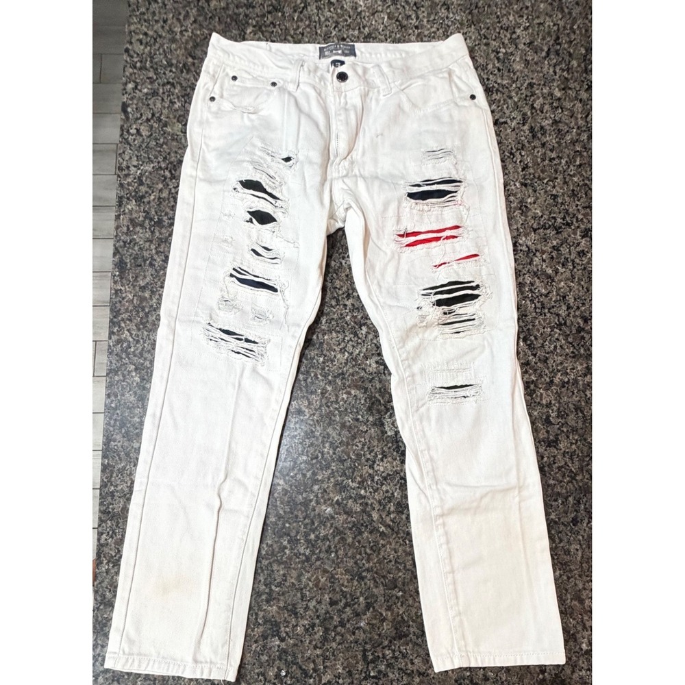 Bleecker & Mercer Mens White Distressed Ripped Jeans Red Blue Underlay 36x32